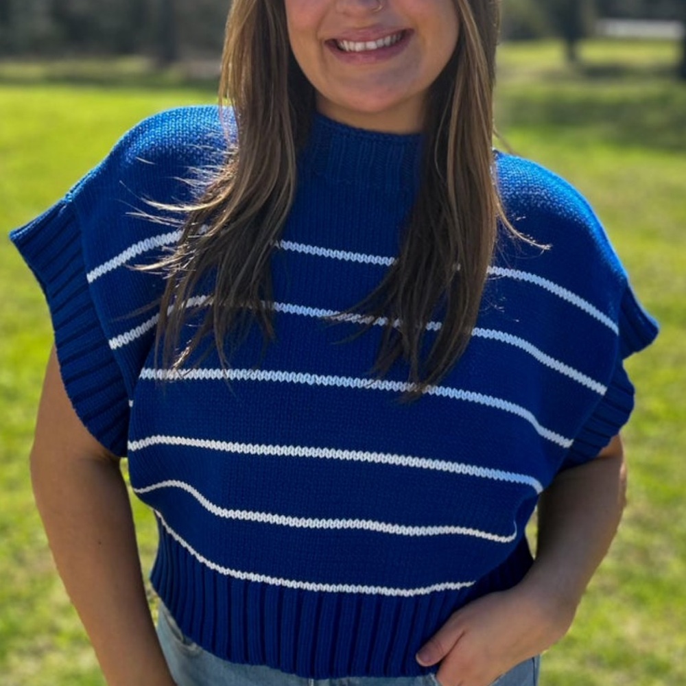 Blue Striped Knit Short-Sleeve Sweater